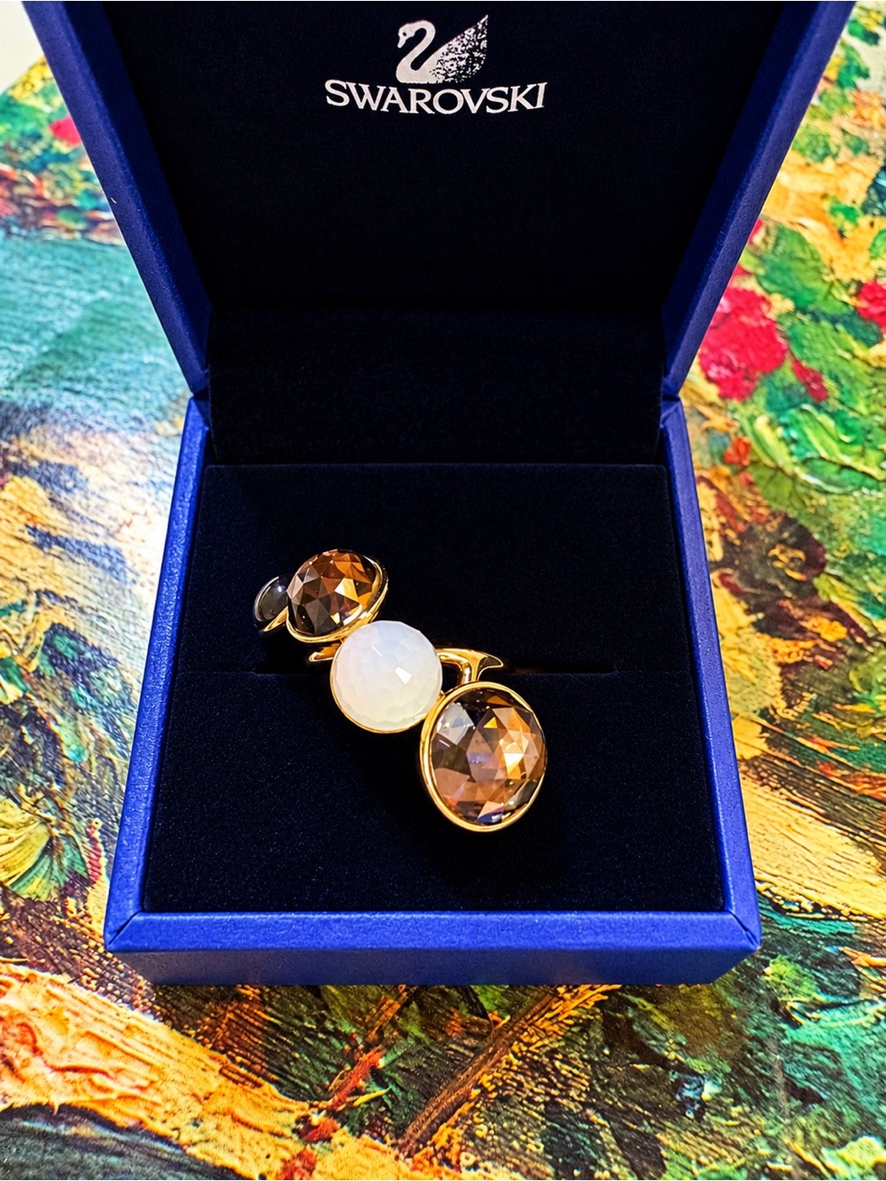 Swarovski Gold-Tone Ring with Brown and White Crystals